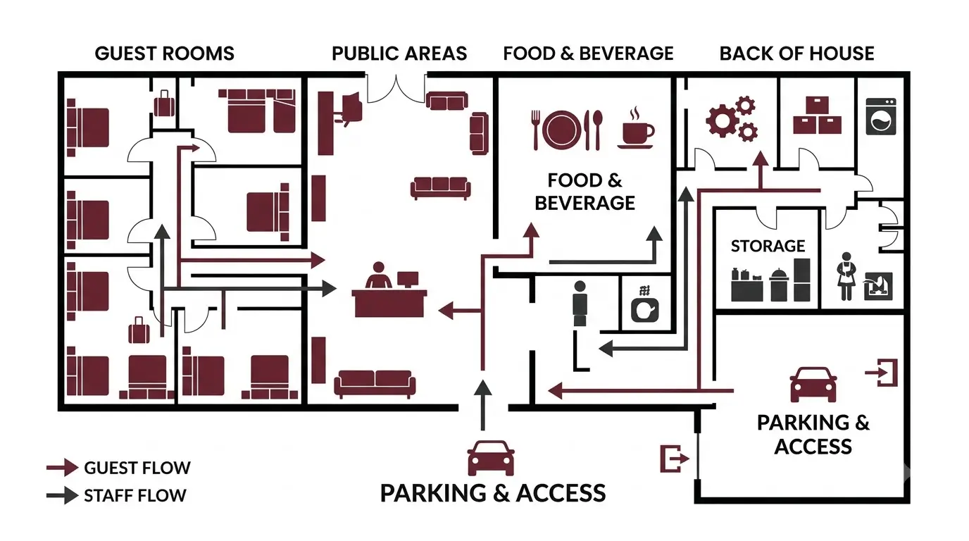 Infographic showing the key design areas of a hotel from guest rooms to back-of-house operation
