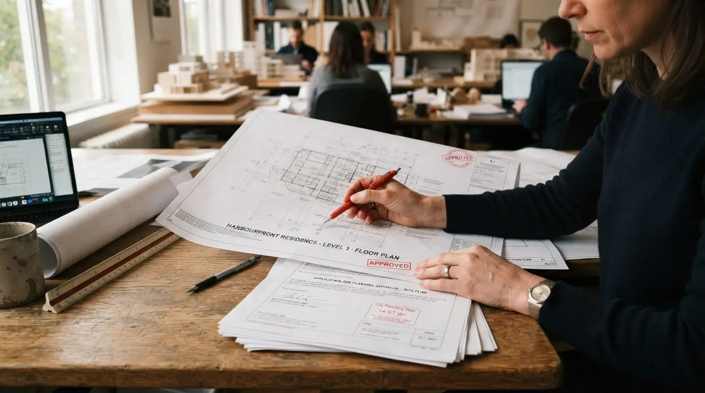 Architect reviewing building blueprints and approval documents in a Nairobi office