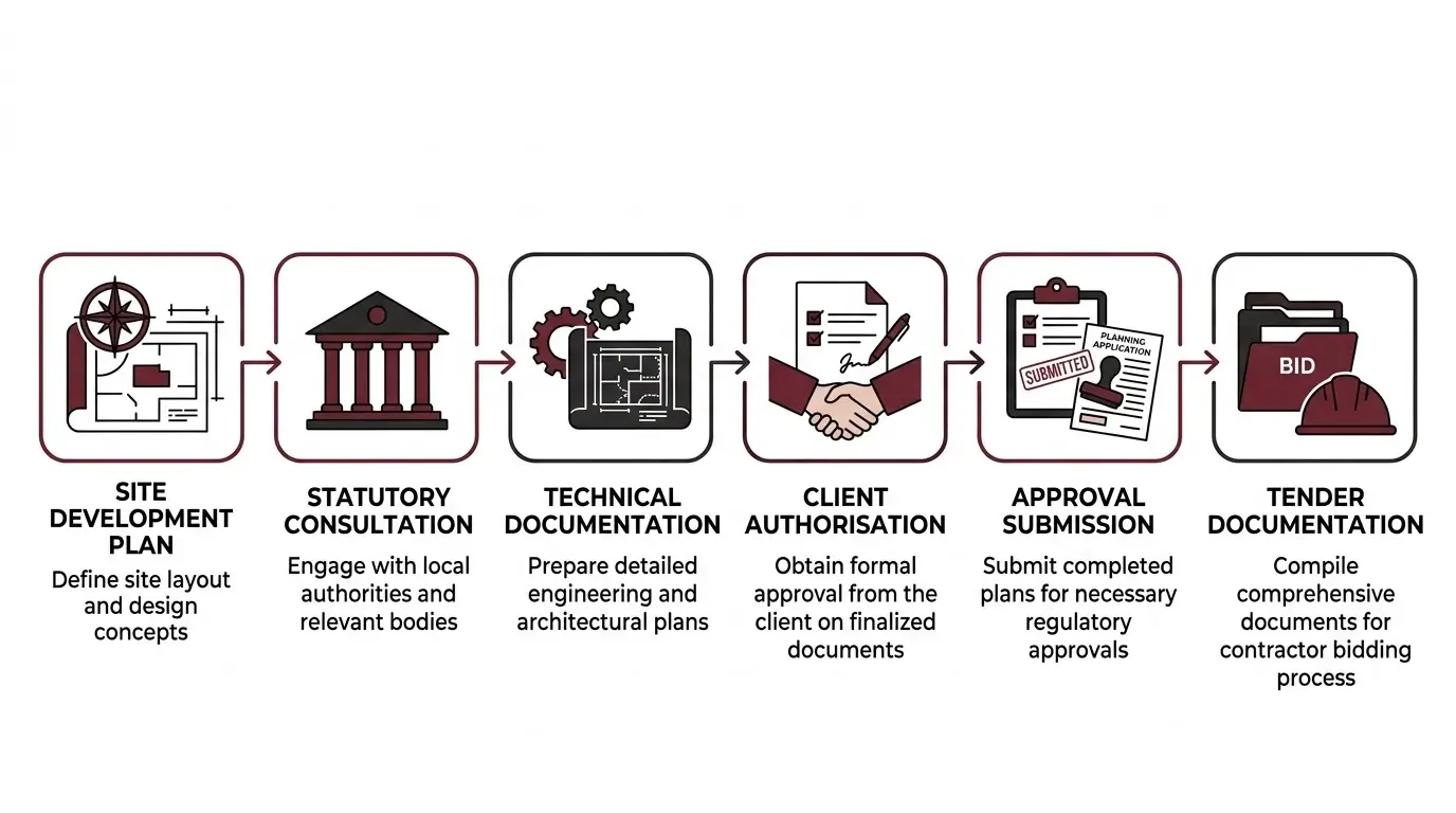 Infographic showing the building approval stages in Kenya from site development plan to tender documentation