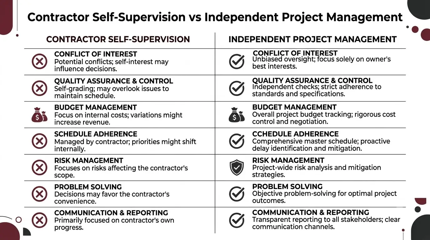 Infographic comparing contractor self-supervision with independent project management on a Kenyan construction site