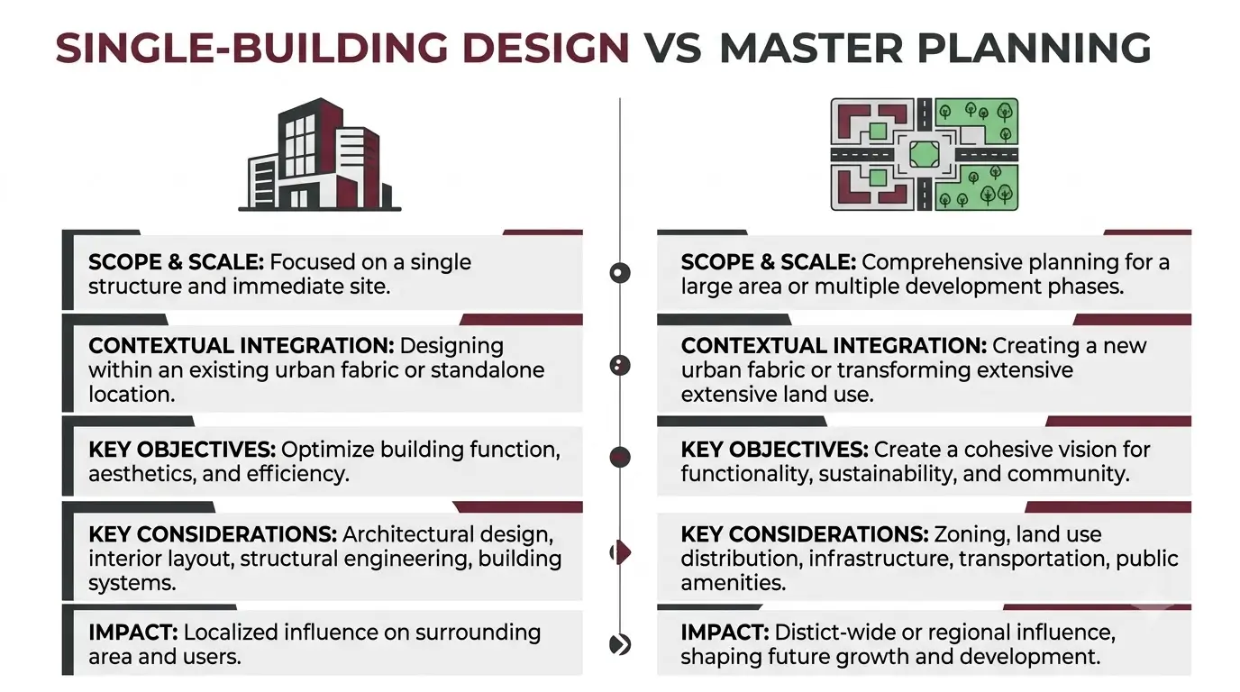 Infographic comparing single-building architectural design with full site master planning in Kenya