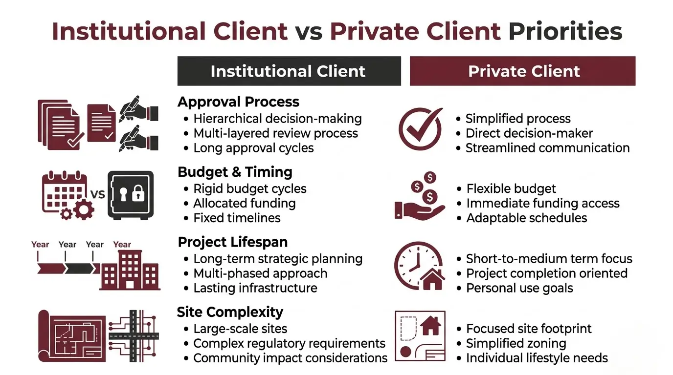 Infographic comparing institutional client priorities with standard private client priorities in Kenyan architecture