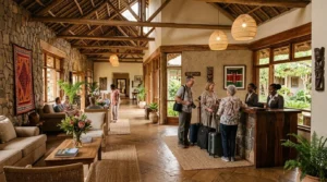 Hotel lobby and reception area design in Kenya, showing guest circulation and public space layout