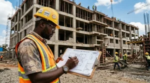 Construction site supervisor in a hard hat inspecting building works against architectural drawings in Kenya