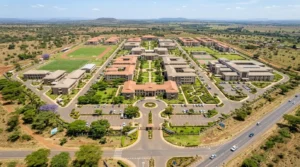 Aerial view of a large institutional site in Kenya showing planned building layout and access roads