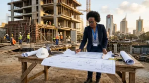 Architect reviewing building drawings on a construction site in Nairobi, Kenya