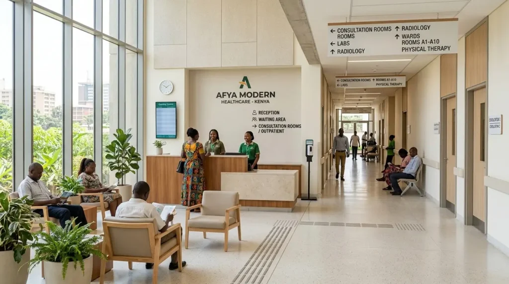 Modern healthcare facility corridor and reception area design in Kenya.