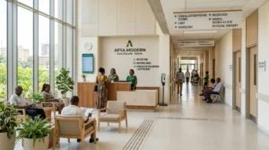 Modern healthcare facility corridor and reception area design in Kenya.