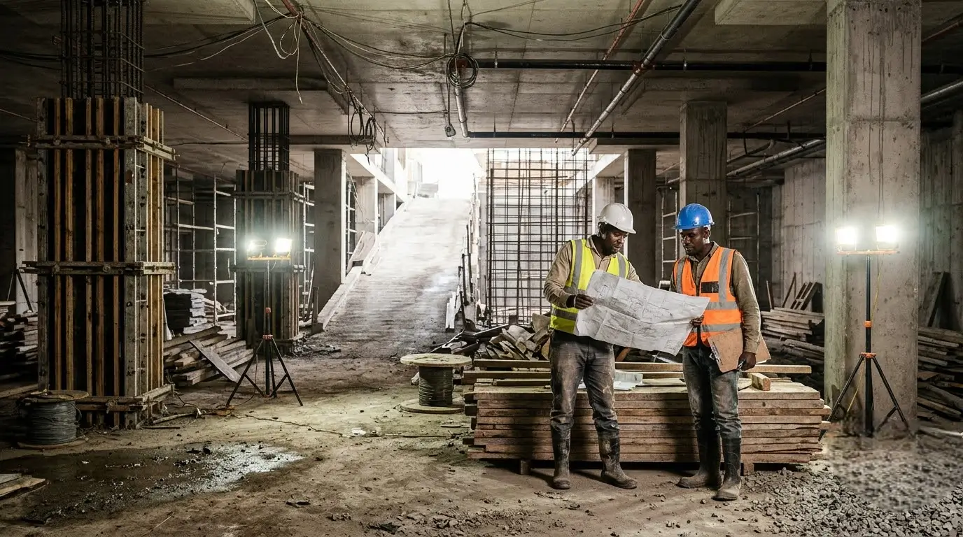 Underground parking level of a commercial building under construction in Nairobi, Kenya, with concrete columns, ramp and site engineers reviewing plans