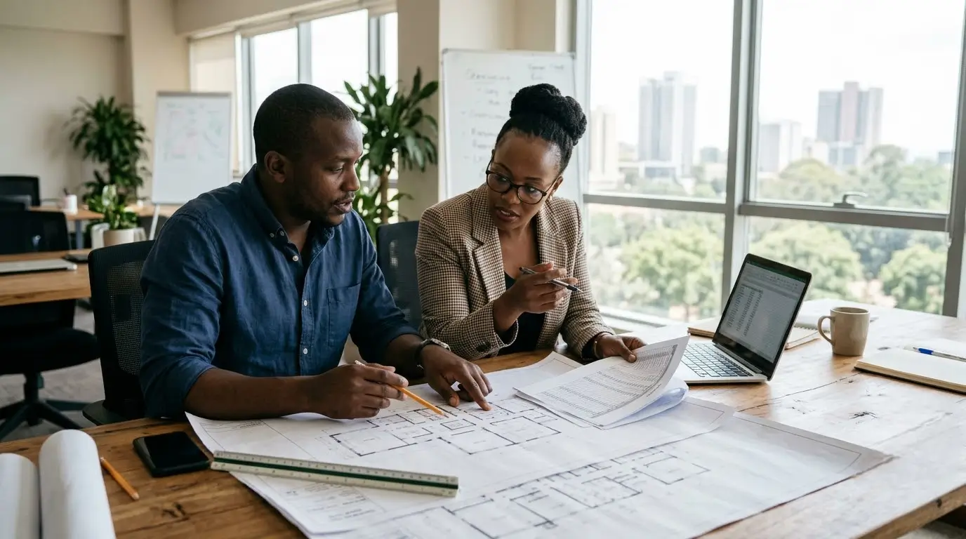 Architect and quantity surveyor reviewing floor plans and a cost schedule together in a Nairobi office