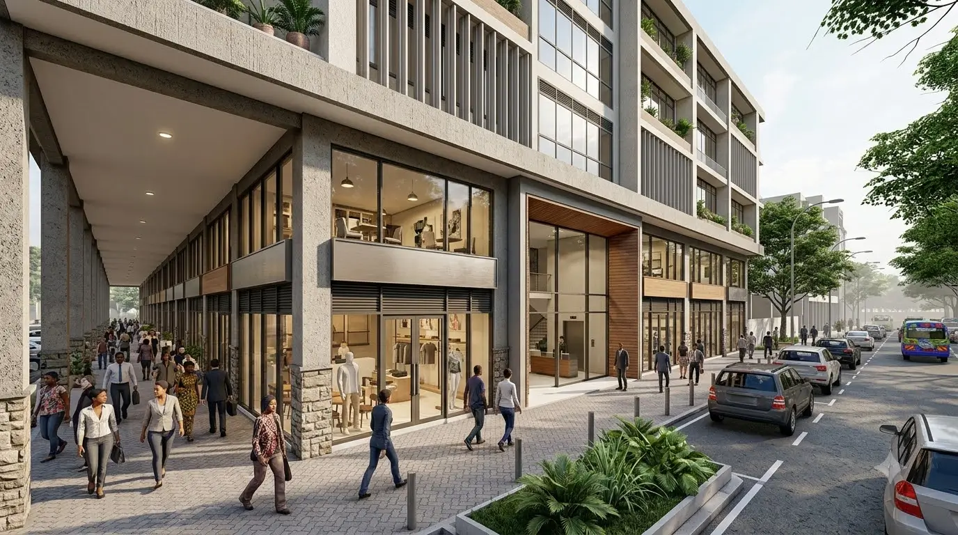 Nairobi CBD commercial building with a row of street-facing shops on the ground floor