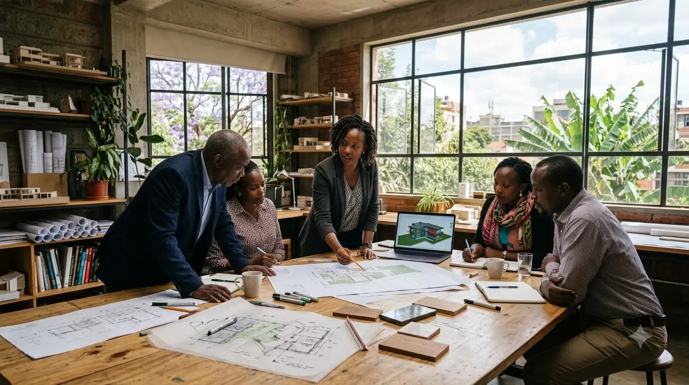 Client and architects reviewing site plans to brief an architect in Kenya