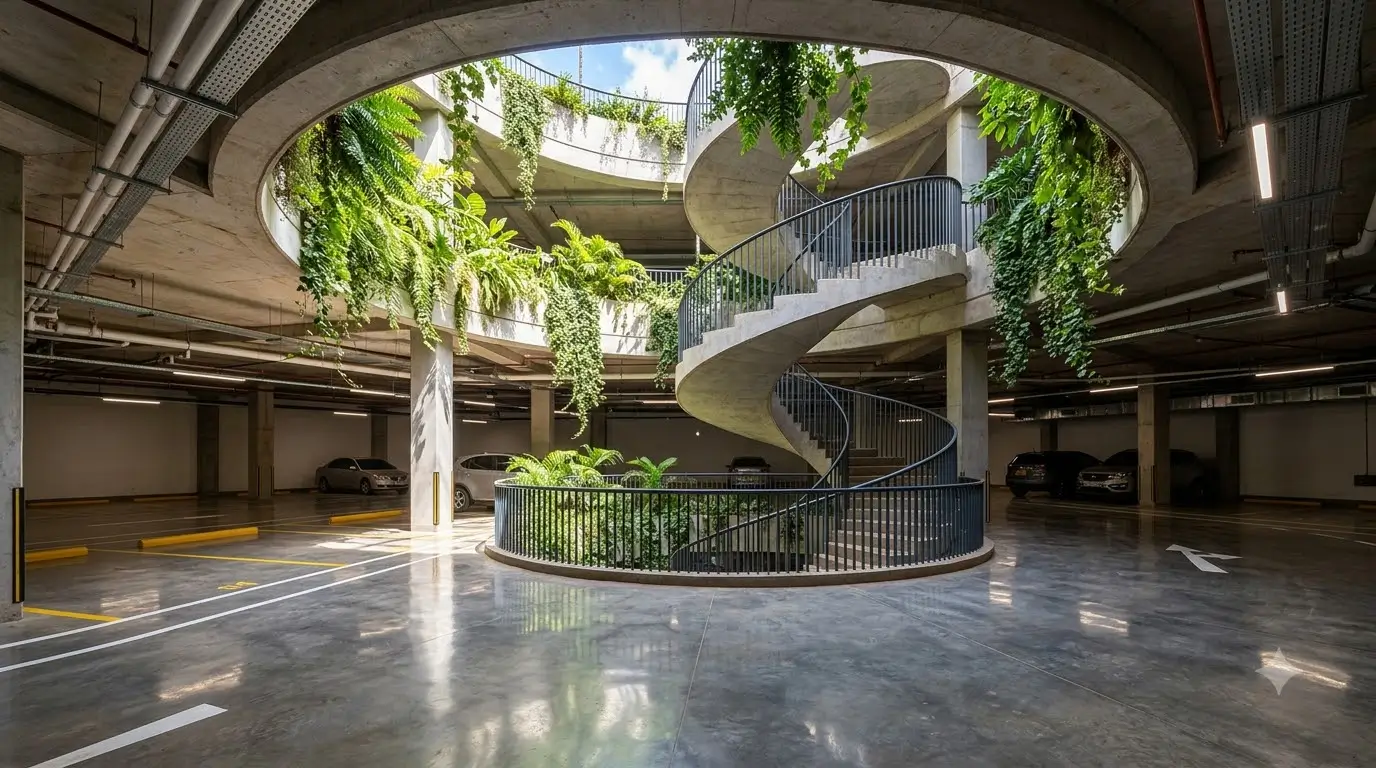 Underground parking in Nairobi with natural light coming down a helical staircase void