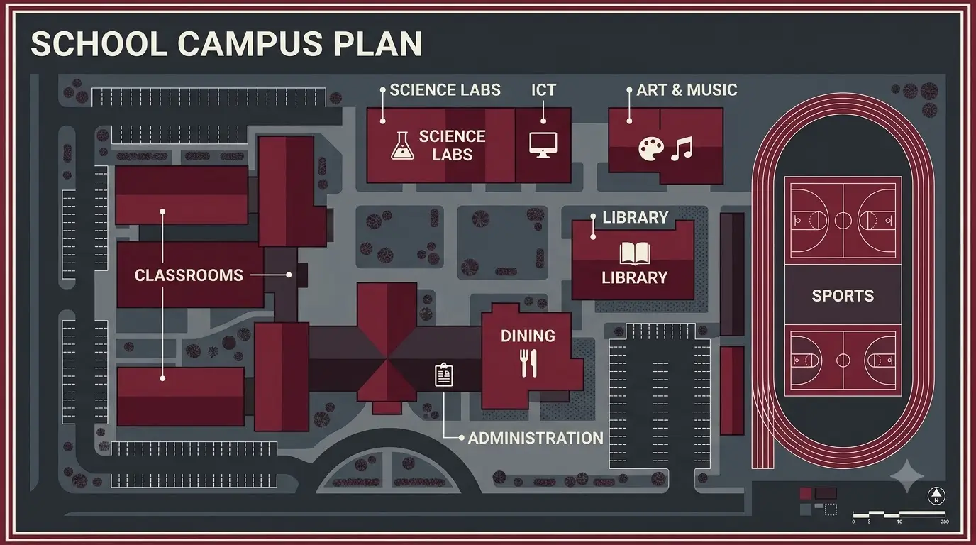 Infographic showing the specialist spaces a CBC school campus needs
