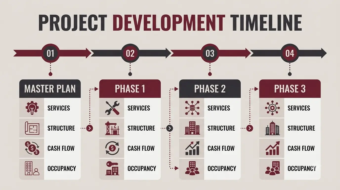 Infographic showing the phases of a large building project in Kenya from master plan to final phase