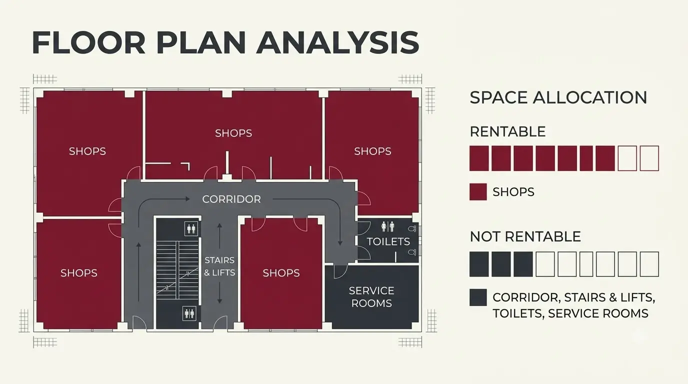 Infographic comparing where rentable area is lost in a commercial building plan