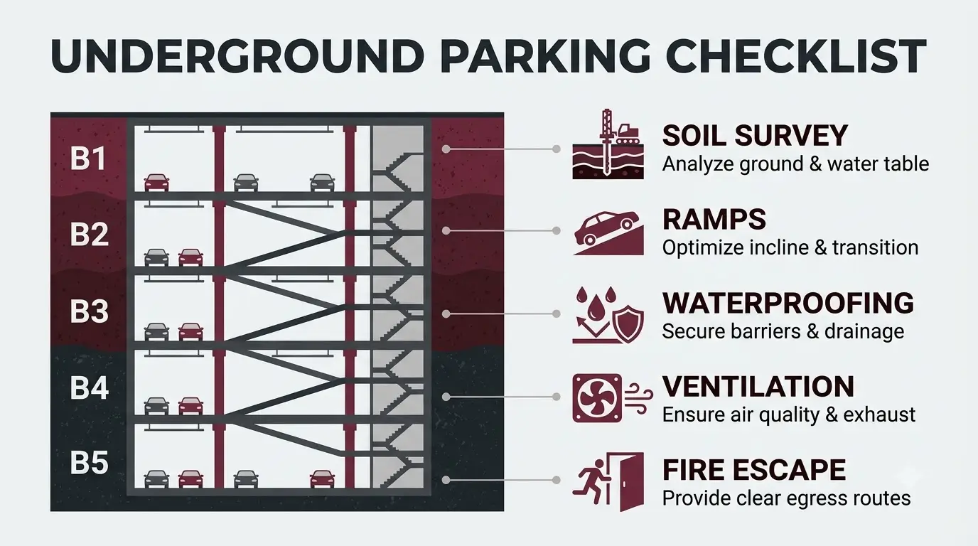 Infographic showing the main design checks for underground parking in Nairobi