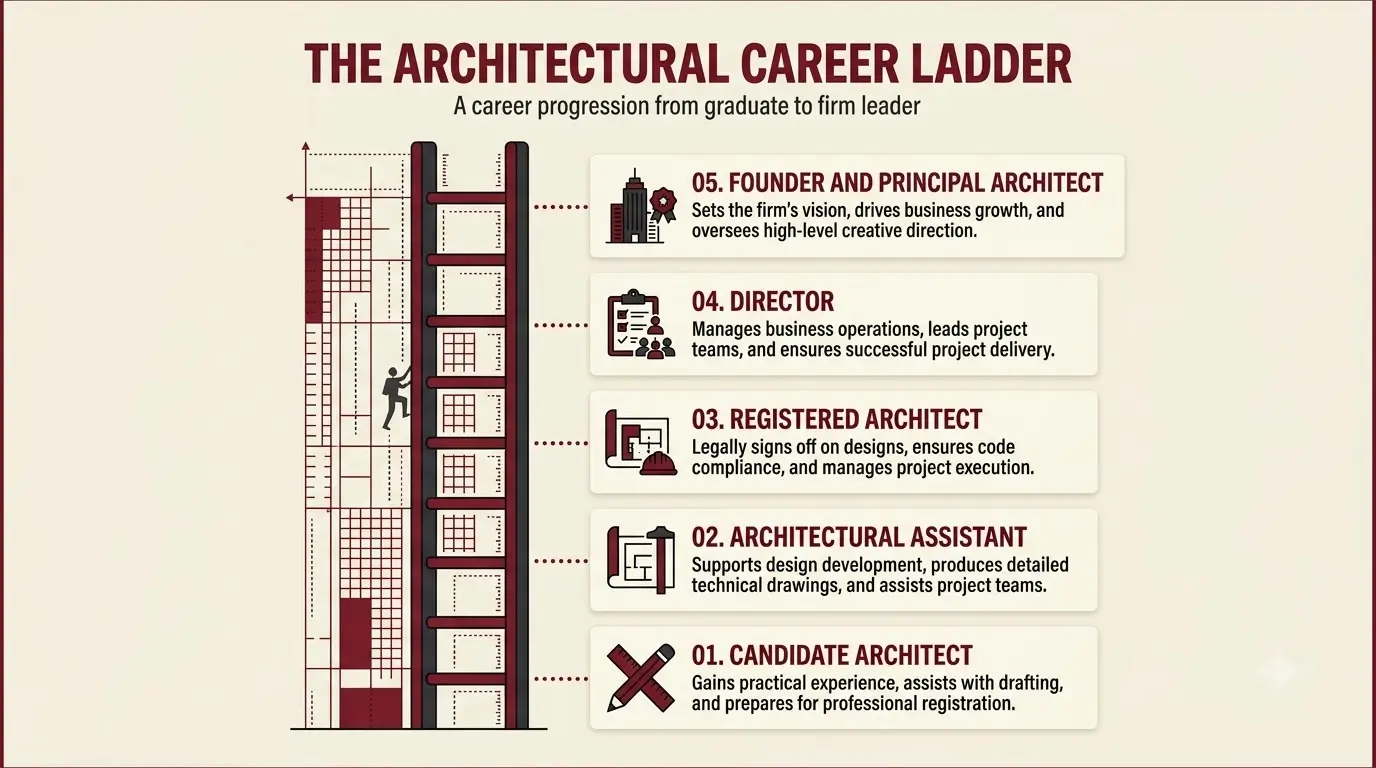 Infographic showing the roles on an architect's team, from principal architect to candidate architect