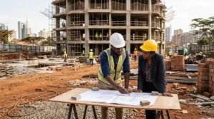 Architect and client reviewing drawings on site while choosing the best architect in Kenya