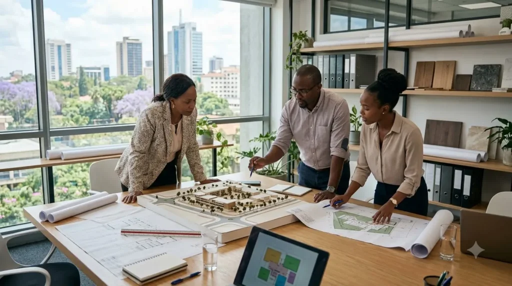 Client and architects reviewing site plans to brief an architect in Kenya