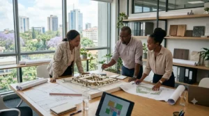 Client and architects reviewing site plans to brief an architect in Kenya