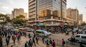 Nairobi CBD commercial building with a row of street-facing shops on the ground floor