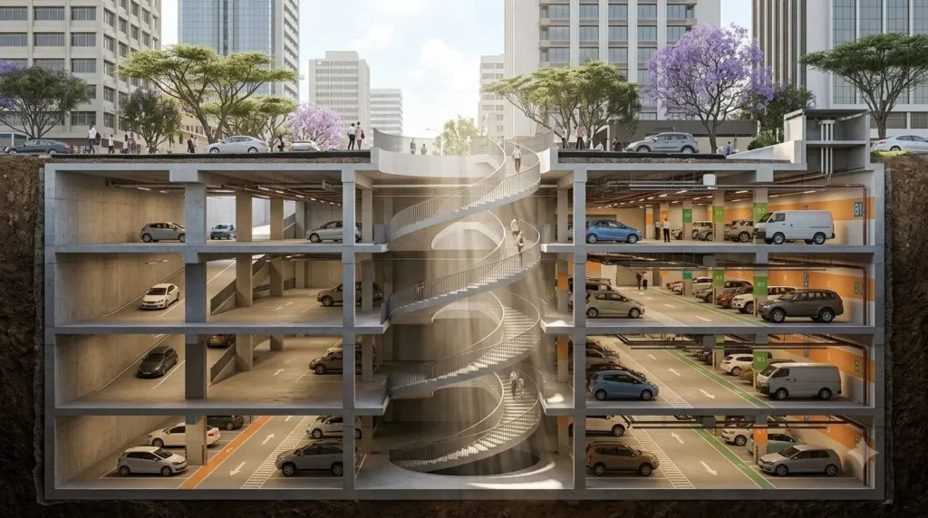 Underground parking in Nairobi with natural light coming down a helical staircase void