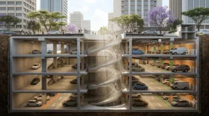 Underground parking in Nairobi with natural light coming down a helical staircase void